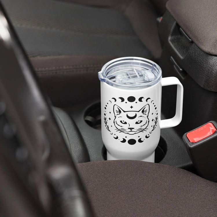 Travel mug with a handle, Celestial cat and moon design everyday sturdy sleek coffee water car travel mug The Aurora Touch