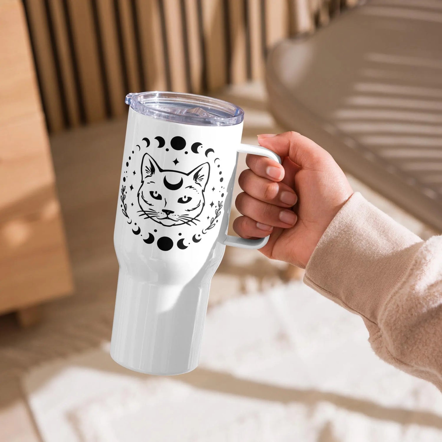 Travel mug with a handle, Celestial cat and moon design everyday sturdy sleek coffee water car travel mug The Aurora Touch