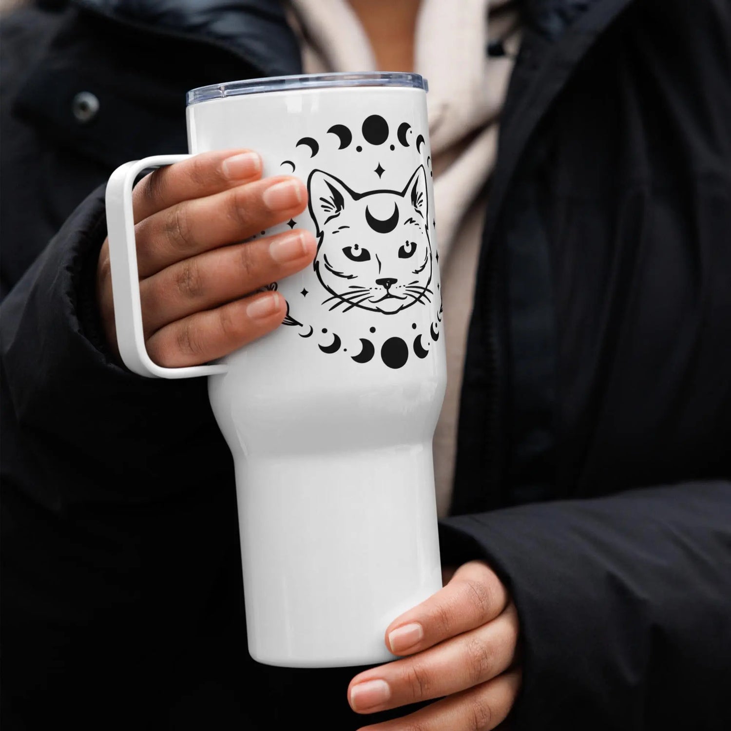 Travel mug with a handle, Celestial cat and moon design everyday sturdy sleek coffee water car travel mug The Aurora Touch