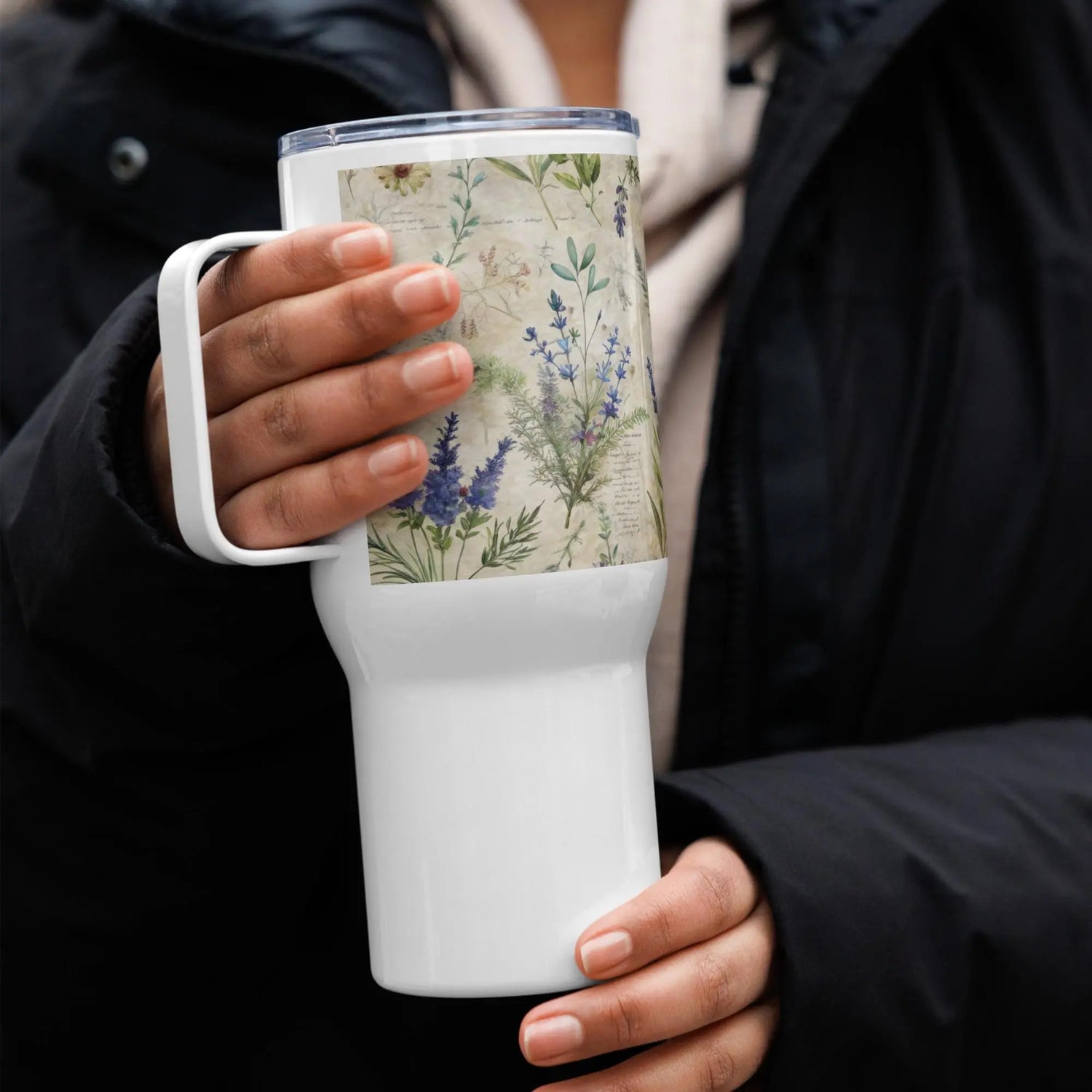 Travel mug with a handle, floral lavendar pattern design water coffee tea car and travel tumbler great for office and back to school The Aurora Touch