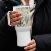 Travel mug with a handle, floral lavendar pattern design water coffee tea car and travel tumbler great for office and back to school The Aurora Touch