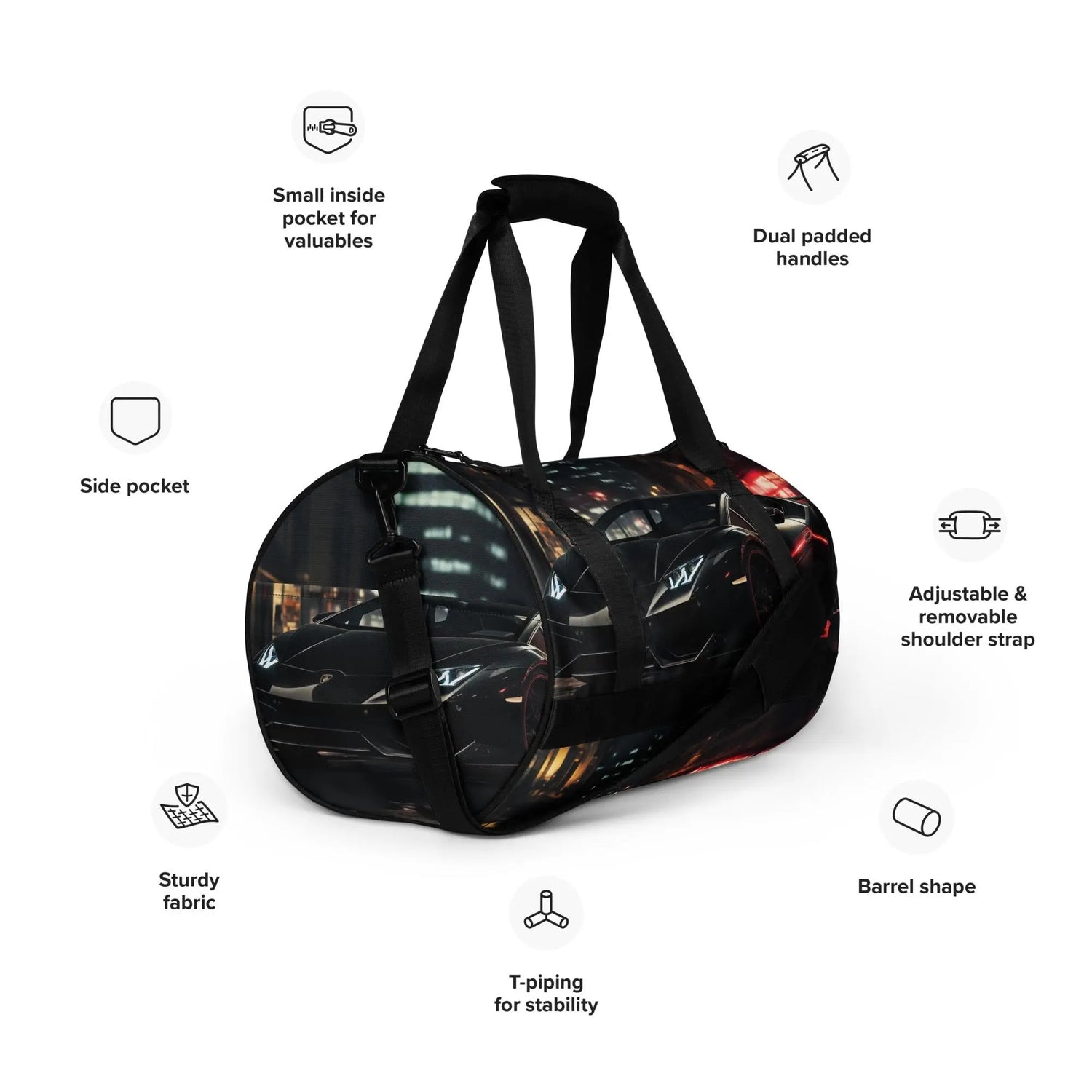 All-over print gym bag, black matte lamborghini exotic car back to school fashion fitness boxing running track workout class duffle bag The Aurora Touch