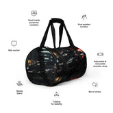 All-over print gym bag, black matte lamborghini exotic car back to school fashion fitness boxing running track workout class duffle bag The Aurora Touch