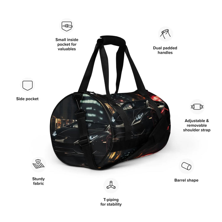 All-over print gym bag, black matte lamborghini exotic car back to school fashion fitness boxing running track workout class duffle bag The Aurora Touch