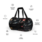 All-over print gym bag, black matte lamborghini exotic car back to school fashion fitness boxing running track workout class duffle bag The Aurora Touch
