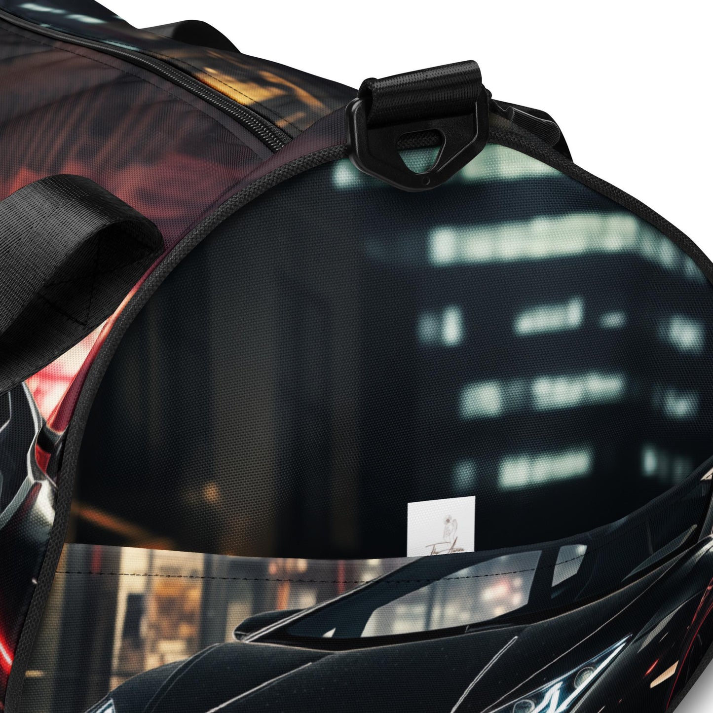 All-over print gym bag, black matte lamborghini exotic car back to school fashion fitness boxing running track workout class duffle bag