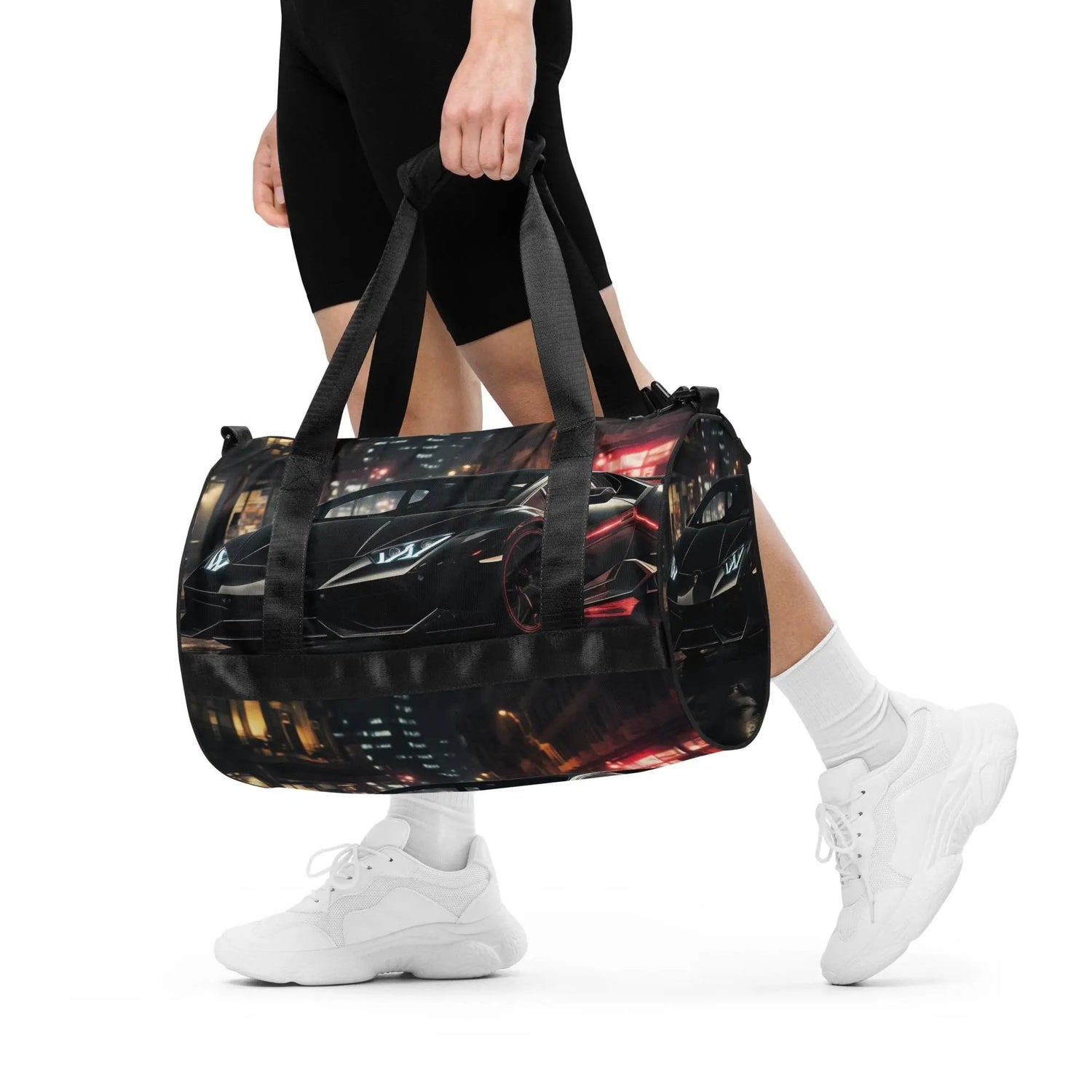 All-over print gym bag, black matte lamborghini exotic car back to school fashion fitness boxing running track workout class duffle bag The Aurora Touch