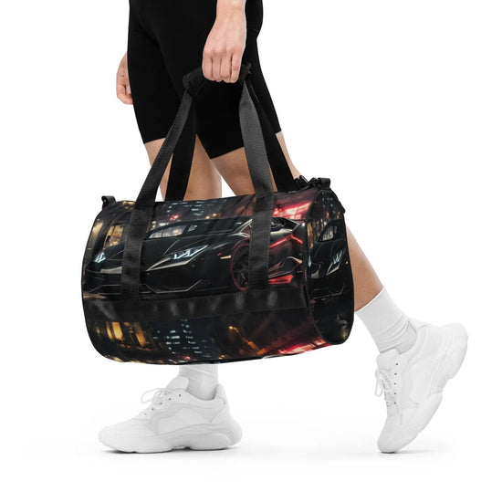 All-over print gym bag, black matte lamborghini exotic car back to school fashion fitness boxing running track workout class duffle bag The Aurora Touch