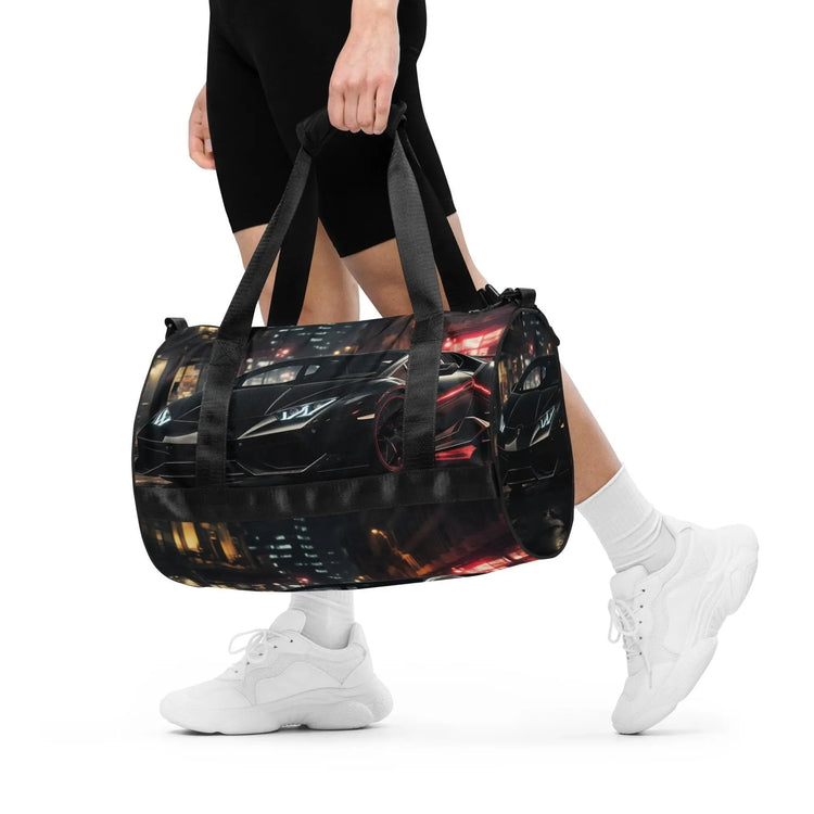 All-over print gym bag, black matte lamborghini exotic car back to school fashion fitness boxing running track workout class duffle bag The Aurora Touch