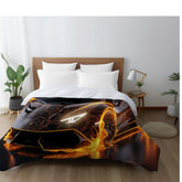 Comforter, Black racing car on fire Lamborghini soft comfy cozy warm stylish young teen bedspread bachelor room decor and great gift The Aurora Touch