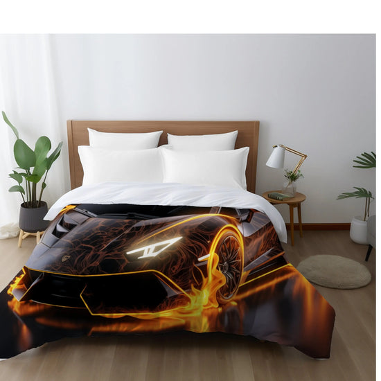 Comforter, Black racing car on fire Lamborghini soft comfy cozy warm stylish young teen bedspread bachelor room decor and great gift The Aurora Touch