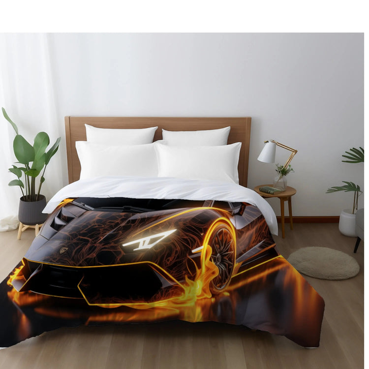 Comforter, Black racing car on fire Lamborghini soft comfy cozy warm stylish young teen bedspread bachelor room decor and great gift The Aurora Touch