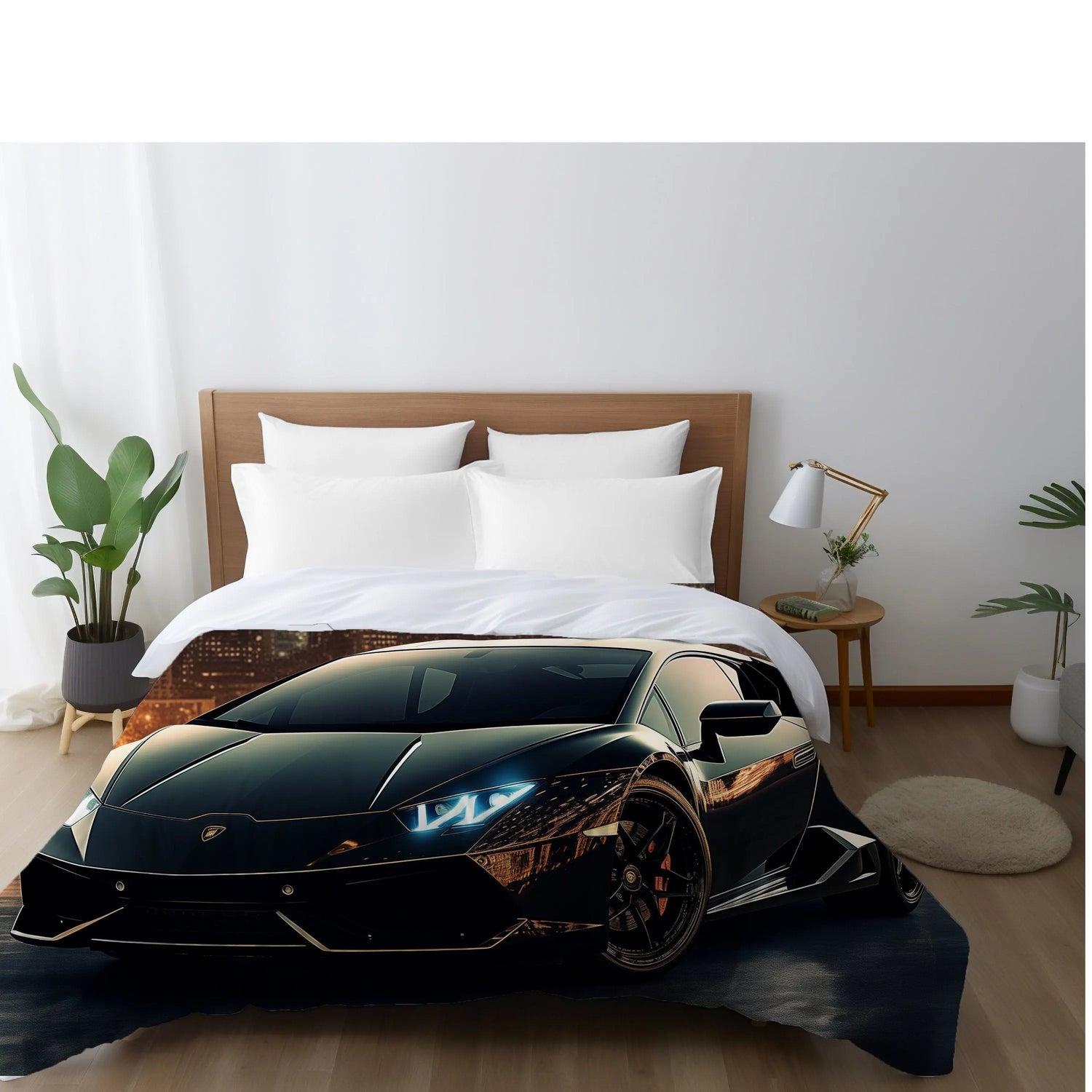 Comforter, Shiny Black Lamborghini designer style warm weather cozy fluffy unique bedspread quilt for Teen Room The Aurora Touch