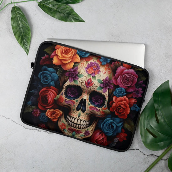 Laptop Sleeve, Day of the dead colorful vibrant floral sugar skull aert design computer ipad business school carrying cover case