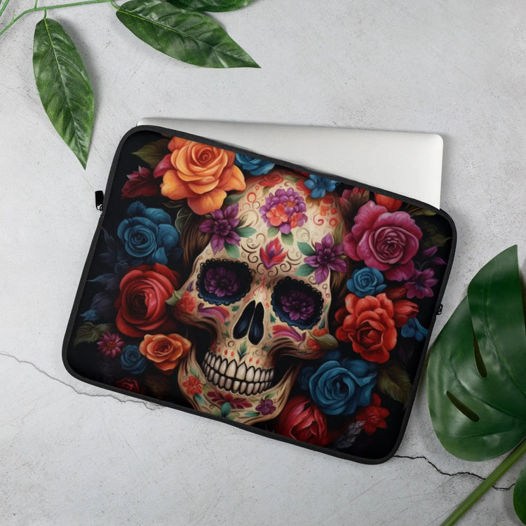 Laptop Sleeve, Day of the dead colorful vibrant floral sugar skull aert design computer ipad business school carrying cover case