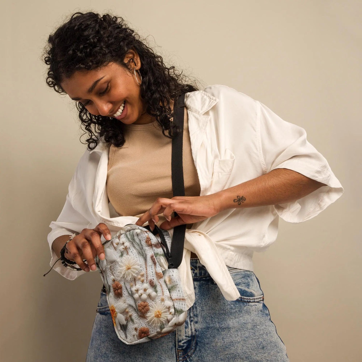 Utility crossbody bag 3D crochet style floral print design durable water resistant durable everyday minimilist school office purse The Aurora Touch
