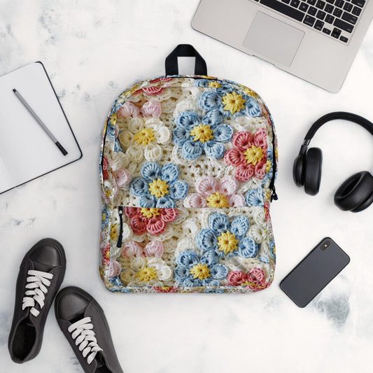Mochila con estampado de flores pastel de crochet por todas partes, ideal para el regreso a clases, el trabajo, el gimnasio, viajes, multiusos, elegante, para llevar contigo, mochila, libro, portátil.