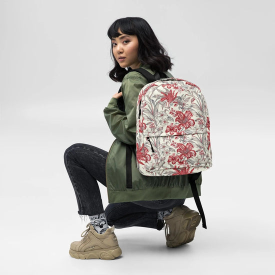 Backpack, Red floral boho print pattern everyday casual school work office stylish soft modern day all purpose ipad laptop notebook bag The Aurora Touch