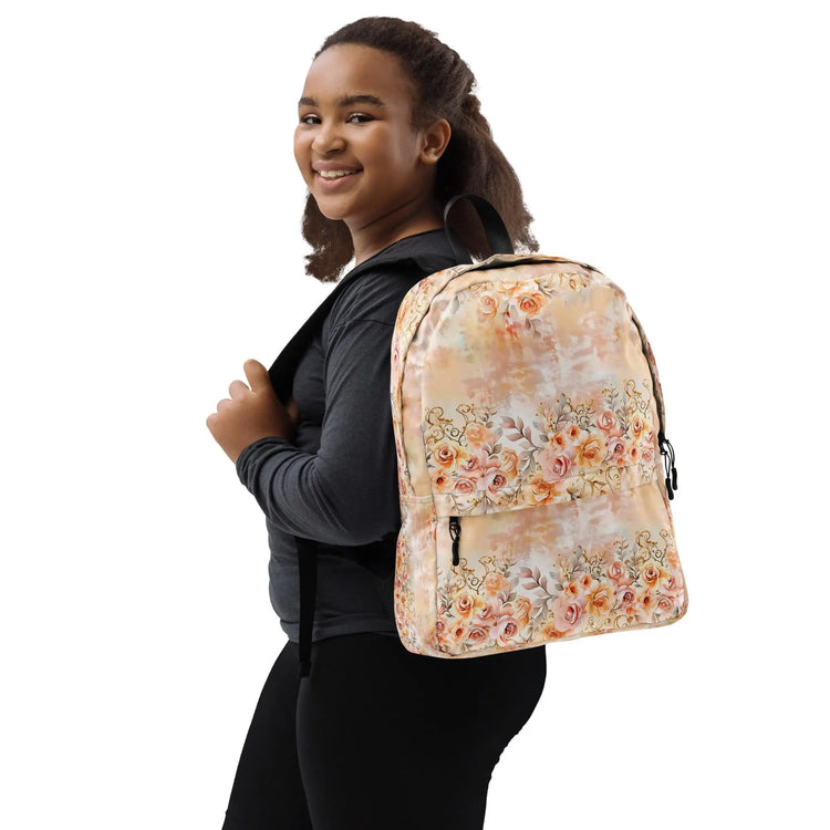 Backpack, peachy pink shabby chic vintage rose style fashion wear for college nurse school and everyday day all purpose carry and tote bag The Aurora Touch