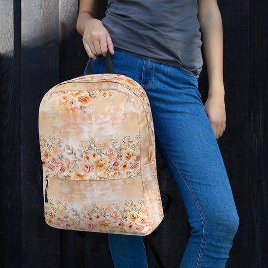 Backpack, peachy pink shabby chic vintage rose style fashion wear for college nurse school and everyday day all purpose carry and tote bag The Aurora Touch