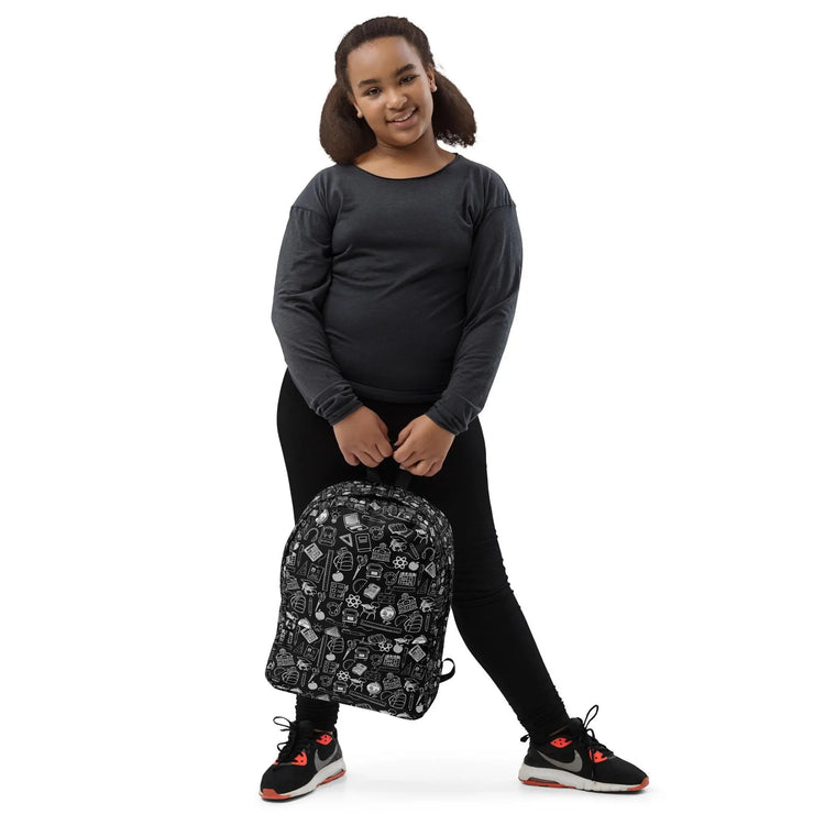 Backpack, Simple black and white minimilist stylish young kid back to school computer ipad crayons pencils supply carrying book bag