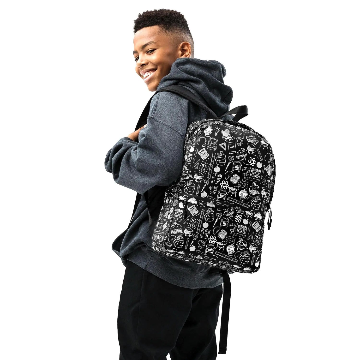 Backpack, Simple black and white minimilist stylish young kid back to school computer ipad crayons pencils supply carrying book bag