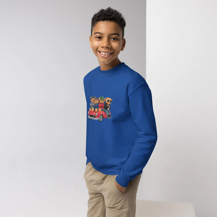 Youth crewneck sweatshirt, Teddy Bears in a car cool cozy casual school yard play time classroom casual dinner school trip kid child sweater