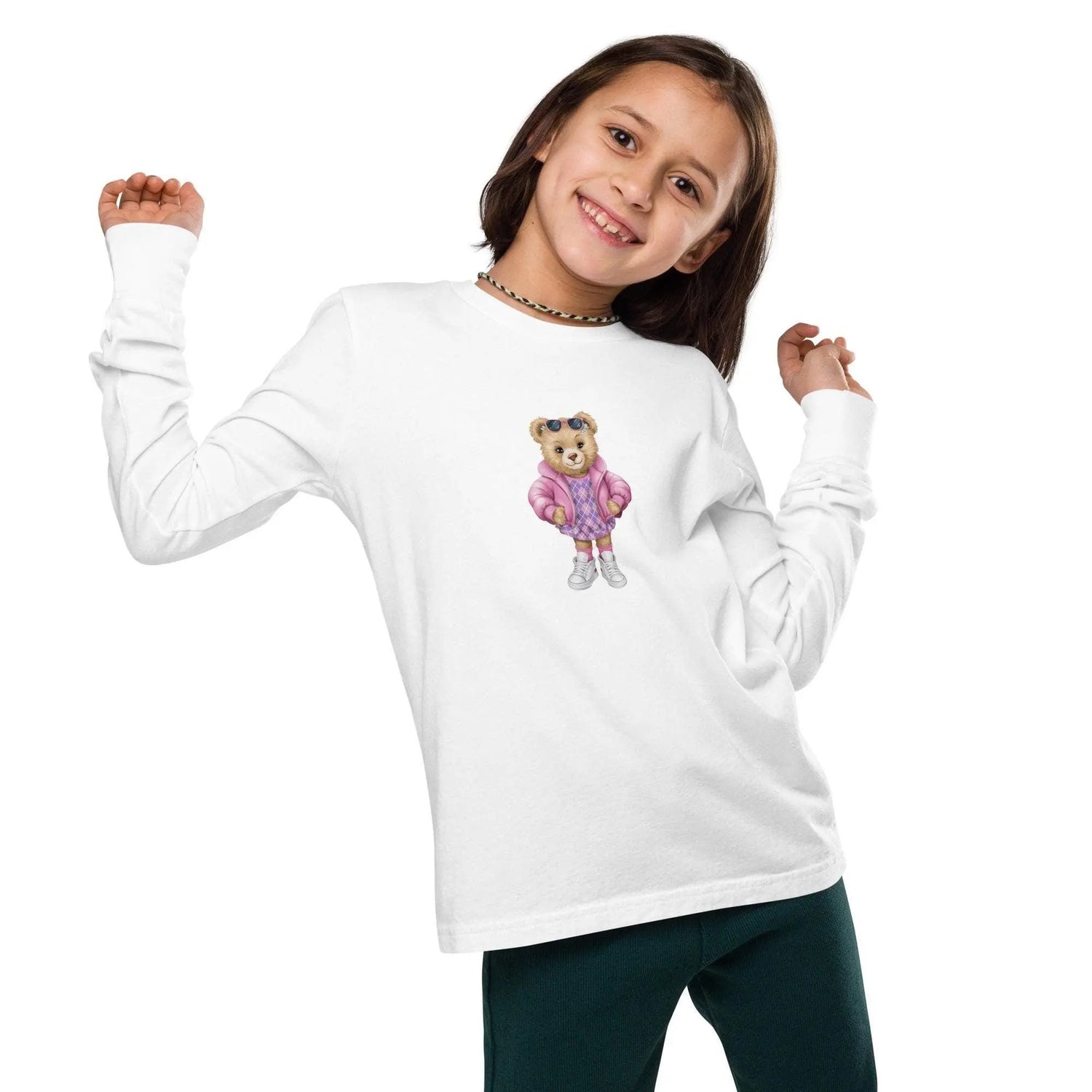 Youth long sleeve tee, Female child cute adorable fashion girlie Teddy Bear design wear for everyday casual classroom playground school day The Aurora Touch