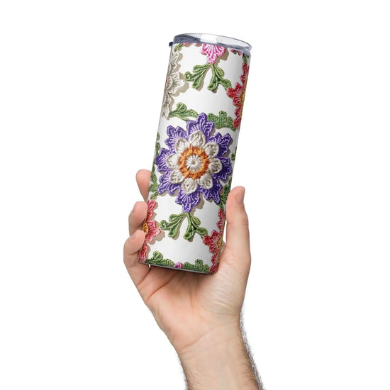 Stainless steel tumbler, stylish large floral crotchet pattern AOP for everyday water juice coffee hot tea school travel walk hiking cup The Aurora Touch