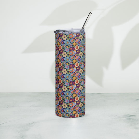 Vaso de acero inoxidable, taza alta y elegante con diseño floral de crochet AOP, ideal para la escuela, el trabajo, caminar, viajar, conducir y como regalo para estudiantes.
