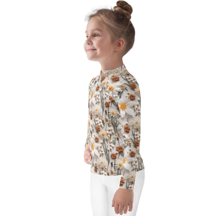 Kids Rash Guard, Crotchet floral pattern fitted kid child girl casual playground classroom everyday wear stylish long sleeve spandex shirt The Aurora Touch