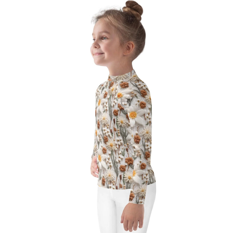 Kids Rash Guard, Crotchet AOP fitted kids back to school casual playground classroom everyday cute stylish long sleeve spandex shirt