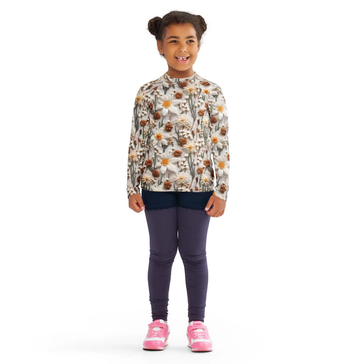 Kids Rash Guard, Crotchet AOP fitted kids back to school casual playground classroom everyday cute stylish long sleeve spandex shirt