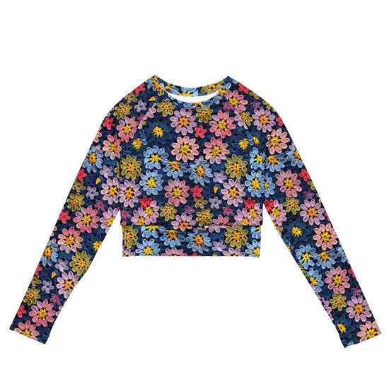 Recycled long-sleeve crop top, sexy crotchet sporty casual jean shorts everyday all activity stylish floral design crop top great for gift The Aurora Touch