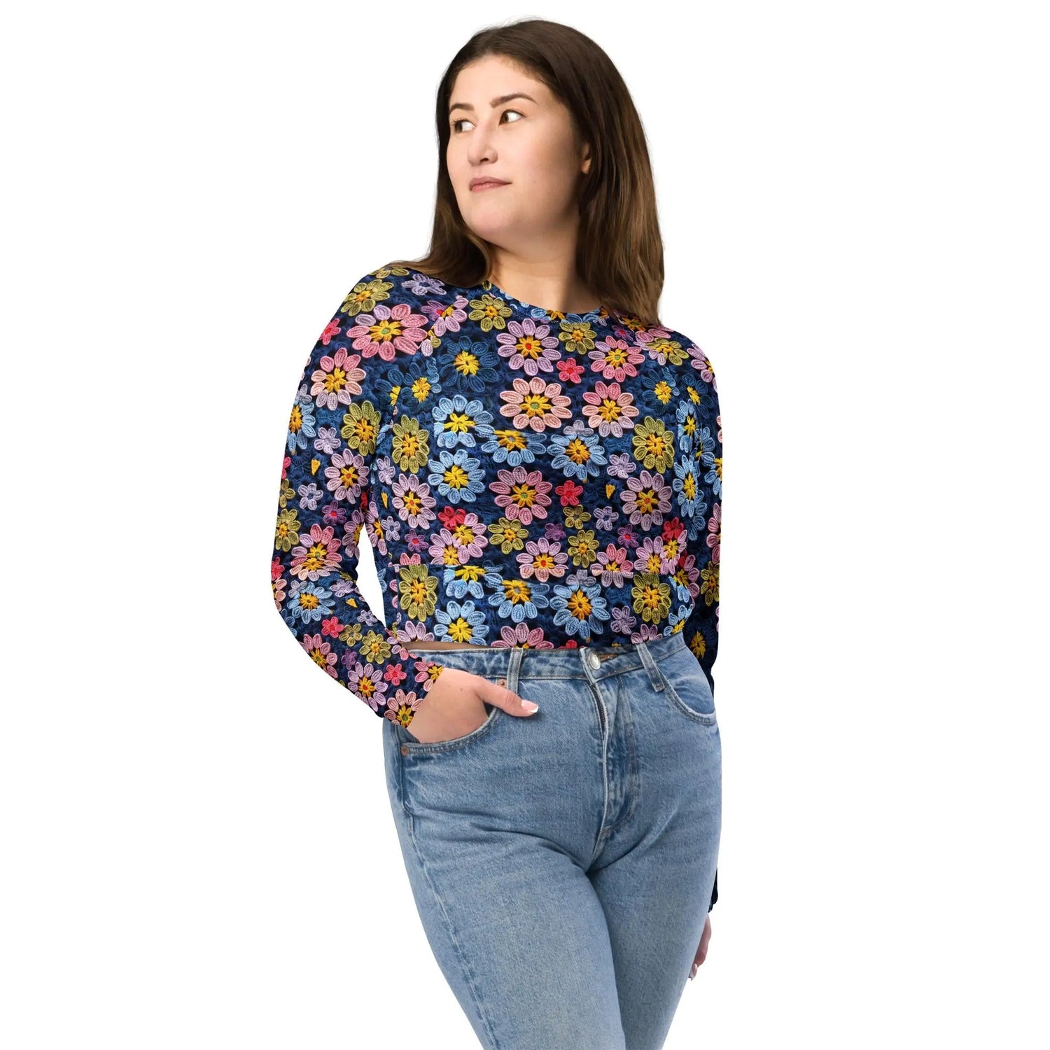 Recycled long-sleeve crop top, sexy crotchet sporty casual jean shorts everyday all activity stylish floral design crop top great for gift