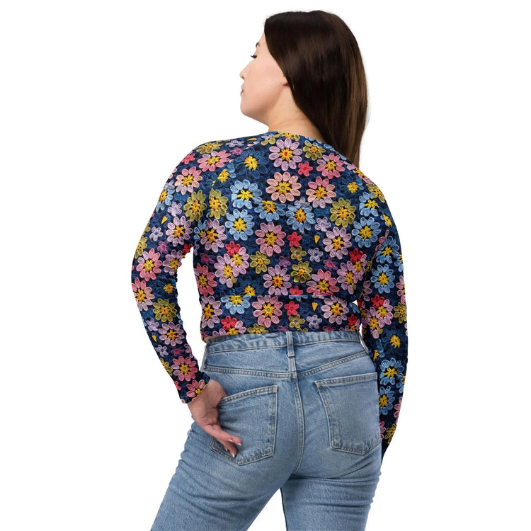 Recycled long-sleeve crop top, sexy crotchet sporty casual jean shorts everyday all activity stylish floral design crop top great for gift The Aurora Touch
