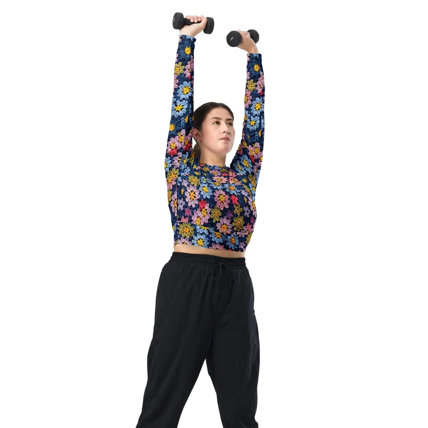 Recycled long-sleeve crop top, sexy crotchet sporty casual jean shorts everyday all activity stylish floral design crop top great for gift