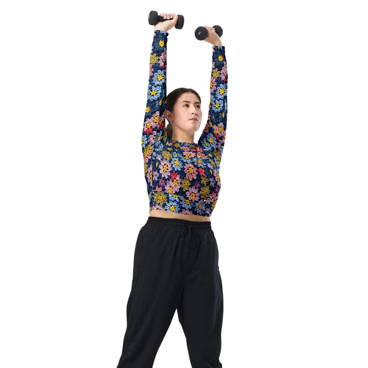Recycled long-sleeve crop top, sexy crotchet sporty casual jean shorts everyday all activity stylish floral design crop top great for gift