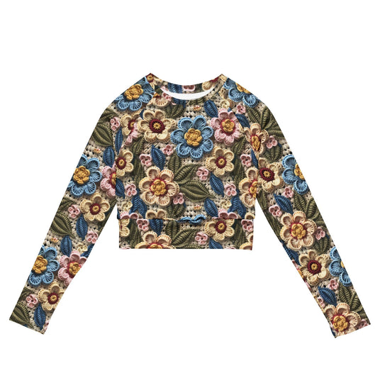 Women's long-sleeve crop top, floral stylish crotchet design sporty cute verstaile leisure sport travel great gift all occassion crop top