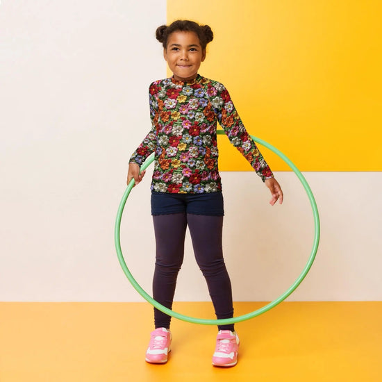 Kids Rash Guard, Floral crotchect colorful soft pattern litle girl spandex polyester fitted everyday school playground classroom clothing The Aurora Touch