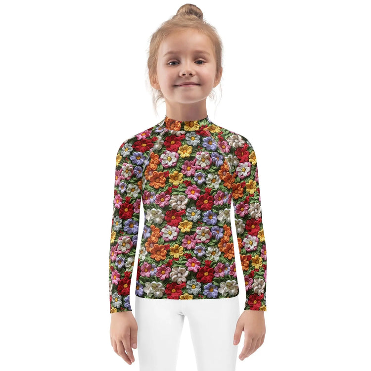 Kids Rash Guard, Floral crotchect colorful soft pattern litle girl spandex polyester fitted everyday school playground classroom clothing