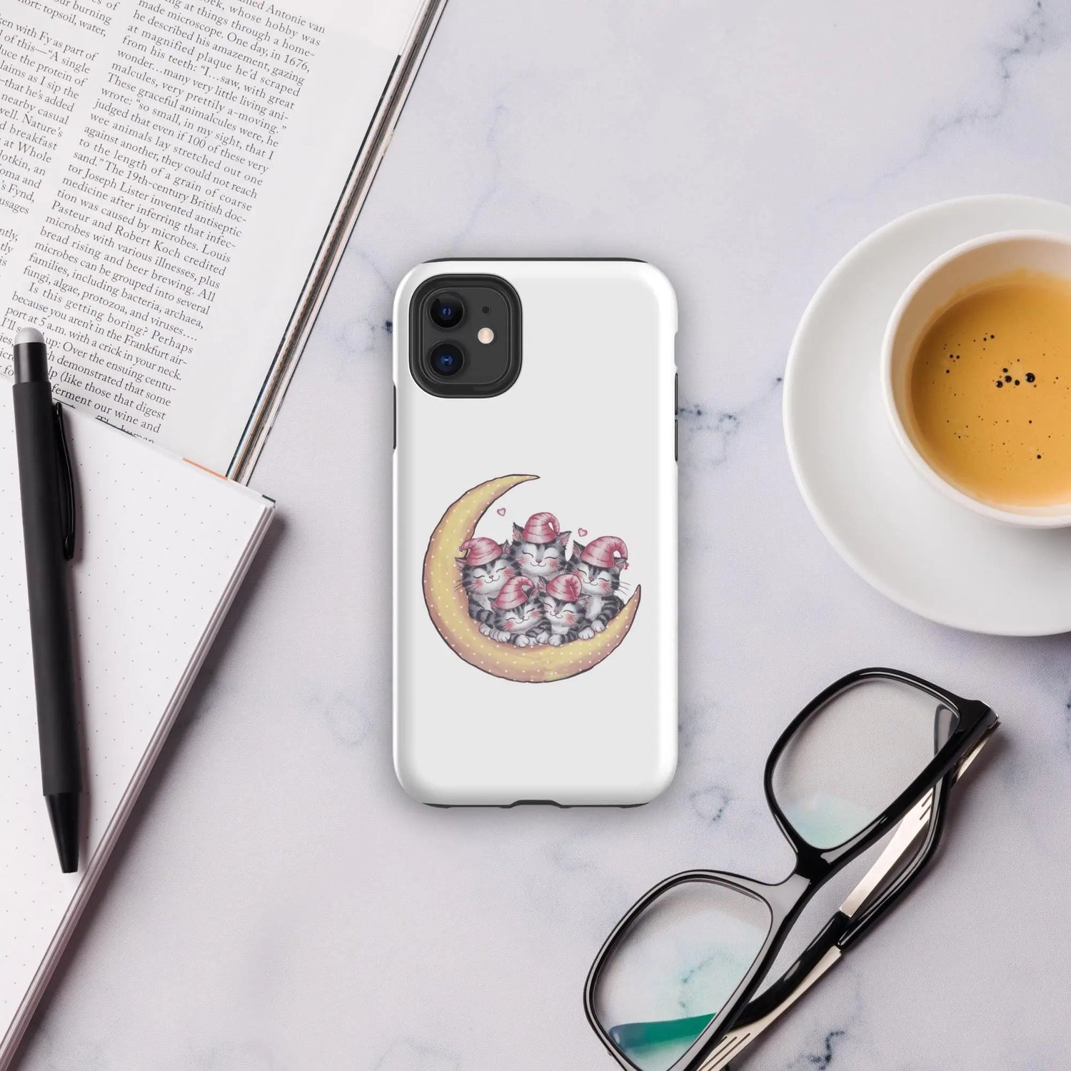 Tough Case for iPhone®, Sleepy kitties on moon cute stylish fashionista strong sturdy simple protective everyday phone case cover