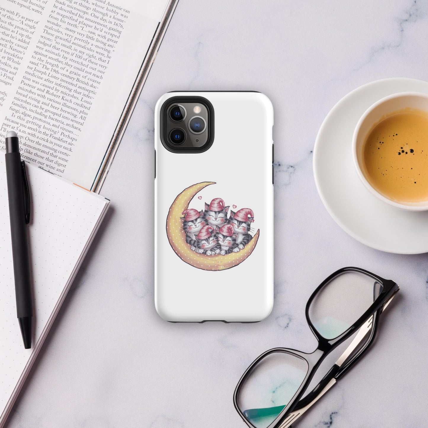 Tough Case for iPhone®, Sleepy kitties on moon cute stylish fashionista strong sturdy simple protective everyday phone case cover