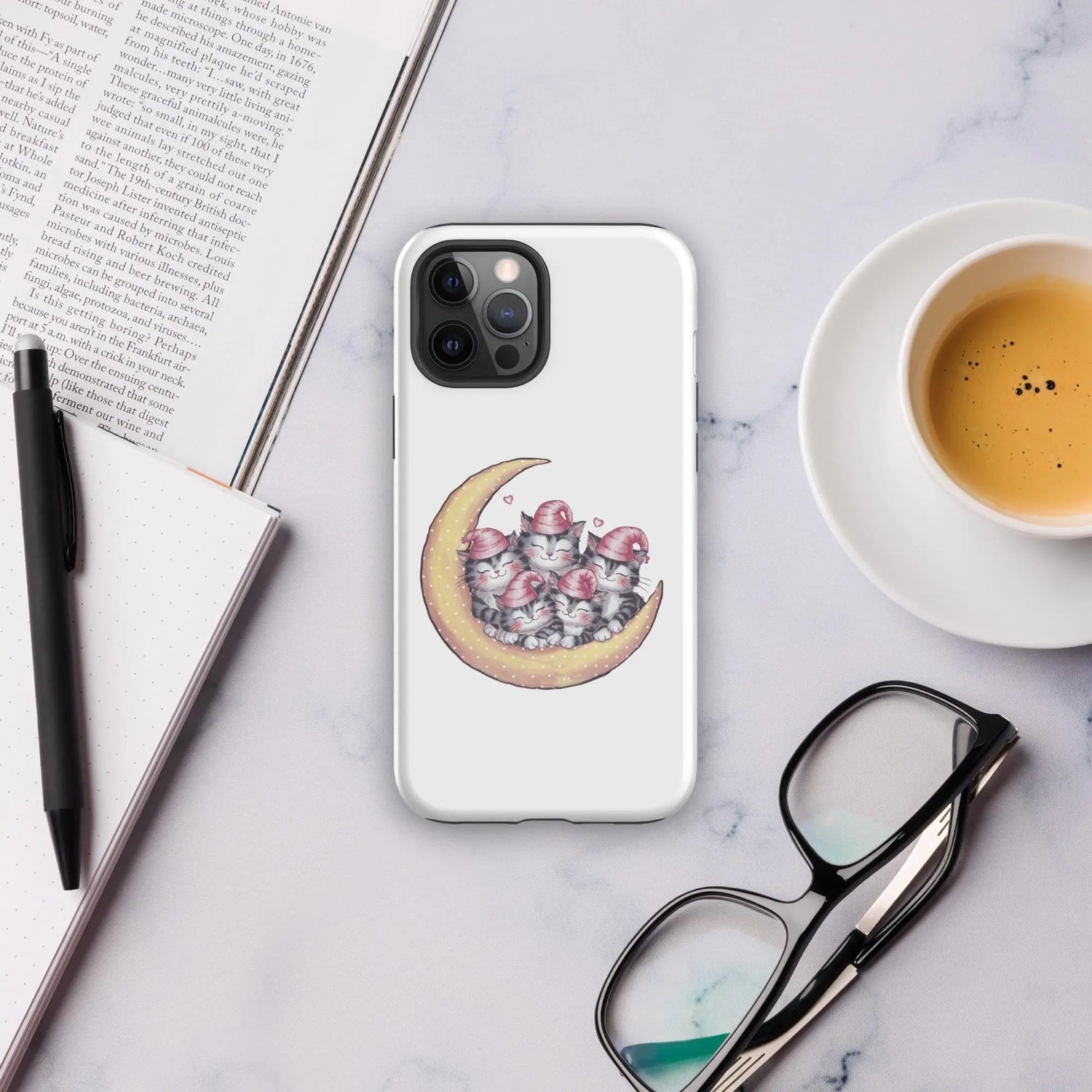 Tough Case for iPhone®, Sleepy kitties on moon cute stylish fashionista strong sturdy simple protective everyday phone case cover