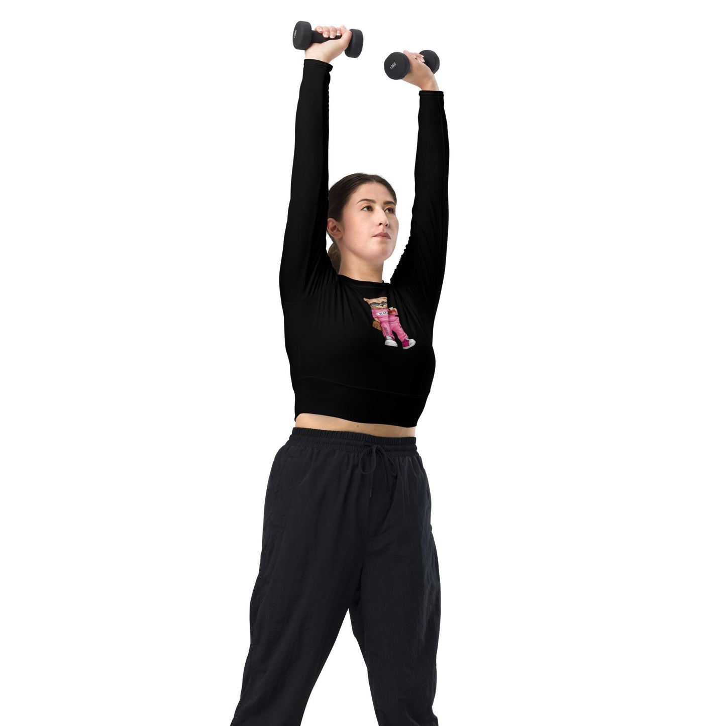 Recycled long-sleeve crop top, sarcastic adorable teddy bear doll comfy gym school fun casual stylish fashionable mid-drif cute shirt