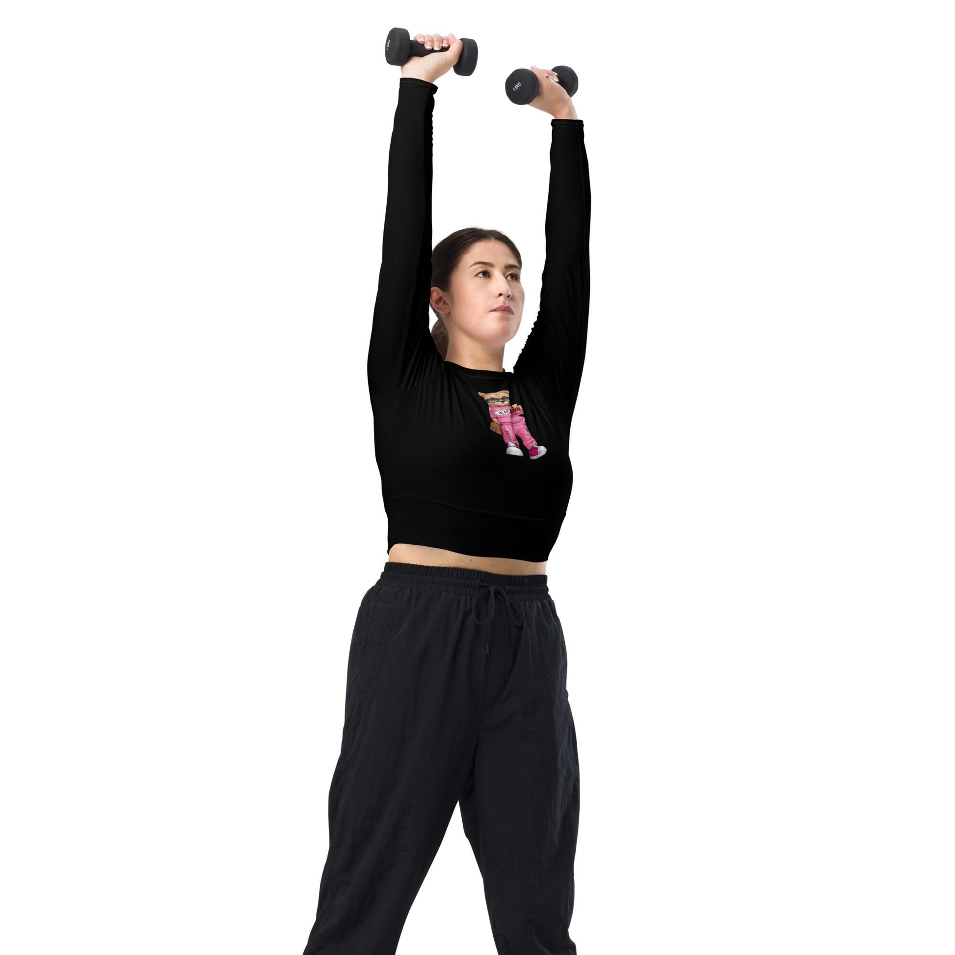 Recycled long-sleeve crop top, sarcastic adorable teddy bear doll comfy gym school fun casual stylish fashionable mid-drif cute shirt
