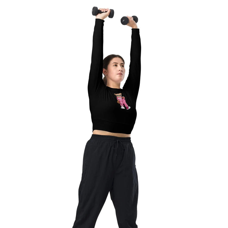 Recycled long-sleeve crop top, sarcastic adorable teddy bear doll comfy gym school fun casual stylish fashionable mid-drif cute shirt
