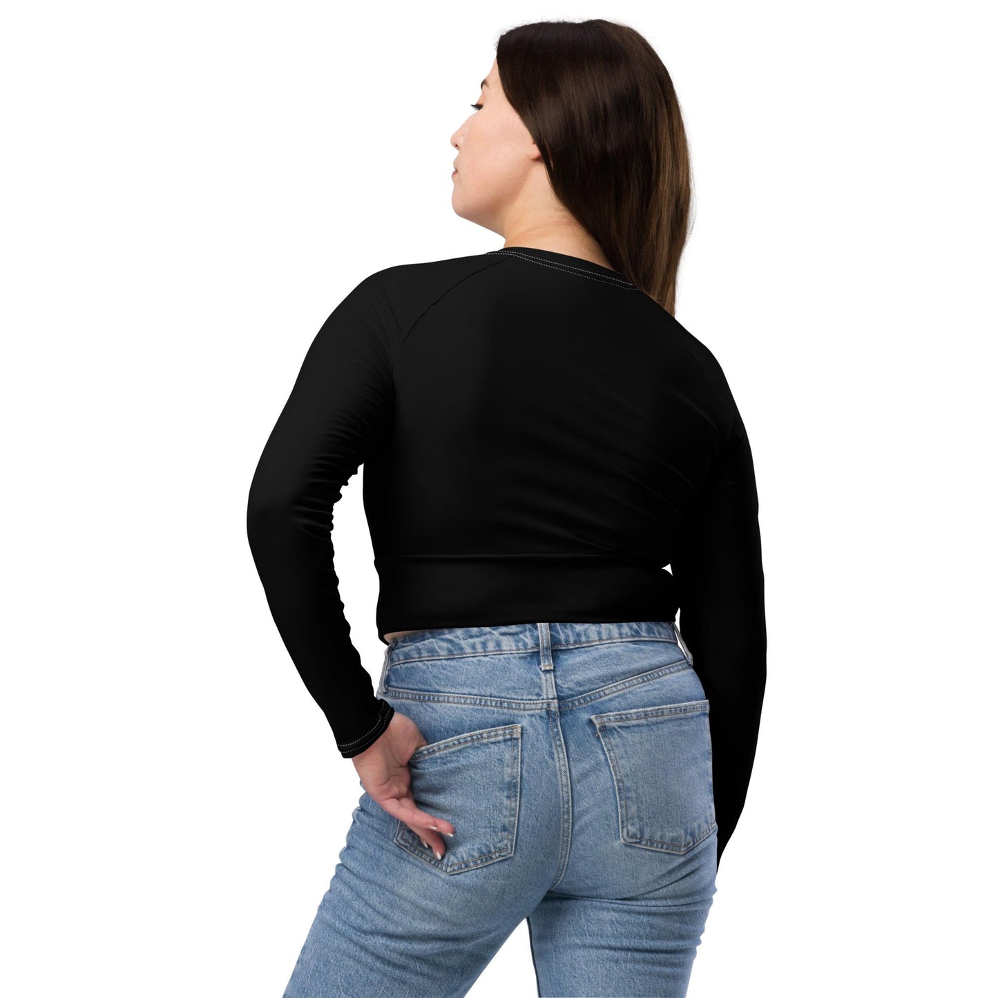 Recycled long-sleeve crop top, sarcastic adorable teddy bear doll comfy gym school fun casual stylish fashionable mid-drif cute shirt