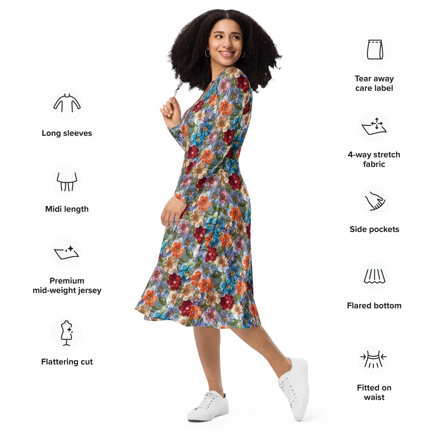 All-over print long sleeve midi dress, school work party fashion style floral crotchet allover pretty pattern design clothing attire