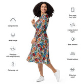 All-over print long sleeve midi dress, school work party fashion style floral crotchet allover pretty pattern design clothing attire